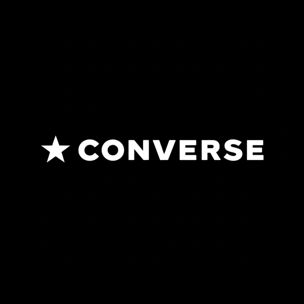 Converse star chevron logo and wordmark in white on black square background, monochrome sneaker brand banner