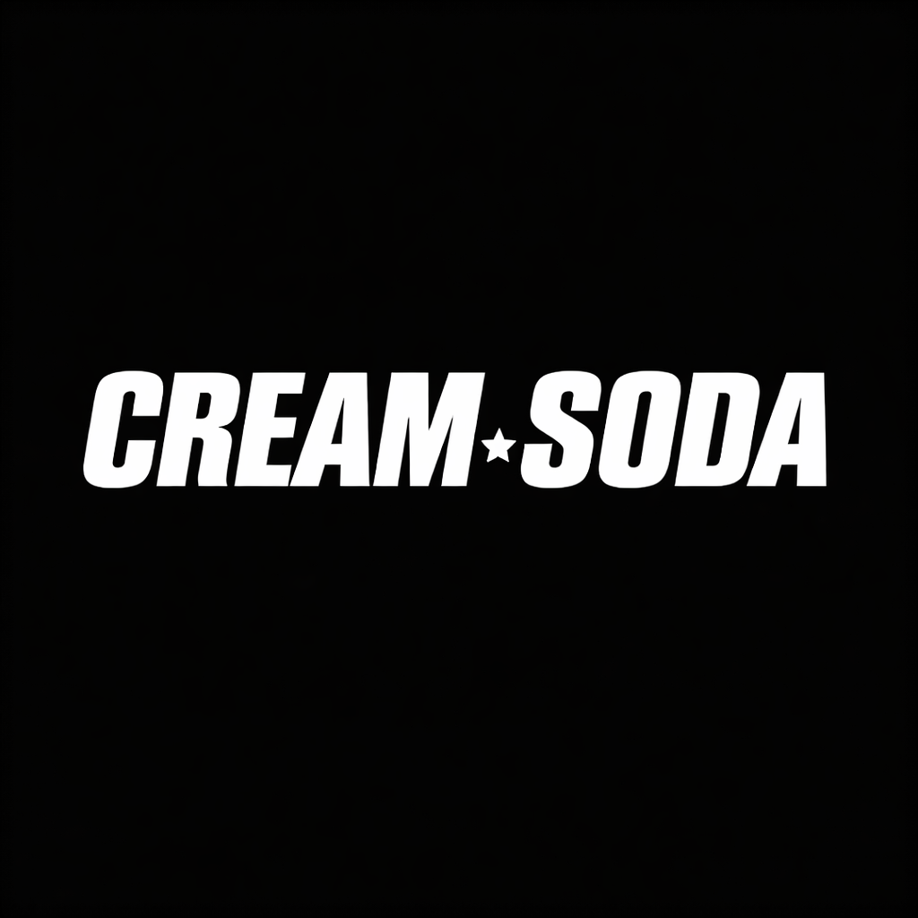 Cream Soda wordmark in white on black square background, monochrome Japanese rockabilly fashion brand plate