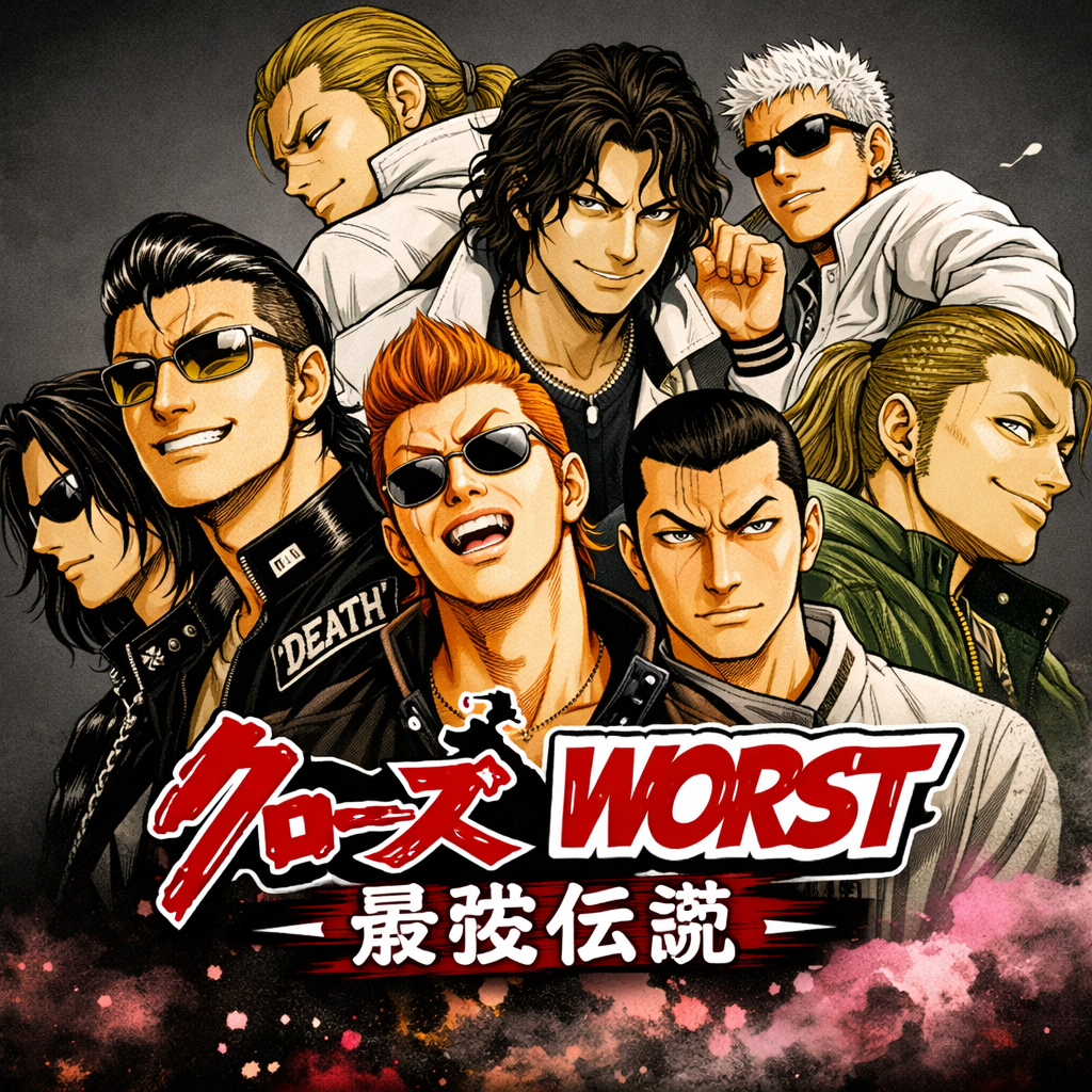 Crows x Worst Saiha Densetsu manga-style key visual featuring multiple delinquent characters in leather jackets and sunglasses with bold red Japanese title typography
