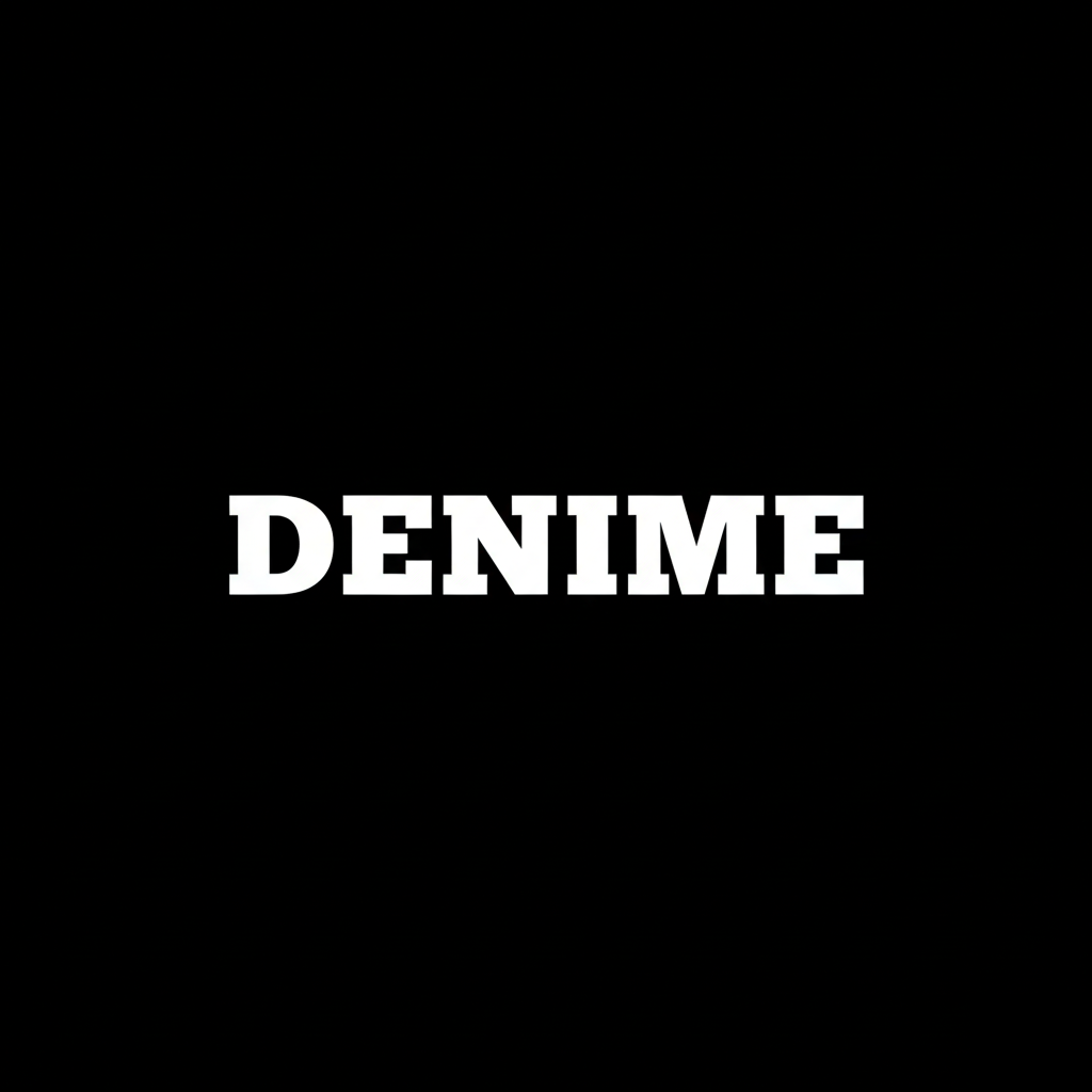 Denime wordmark in white on black square background, monochrome Japanese denim heritage brand plate
