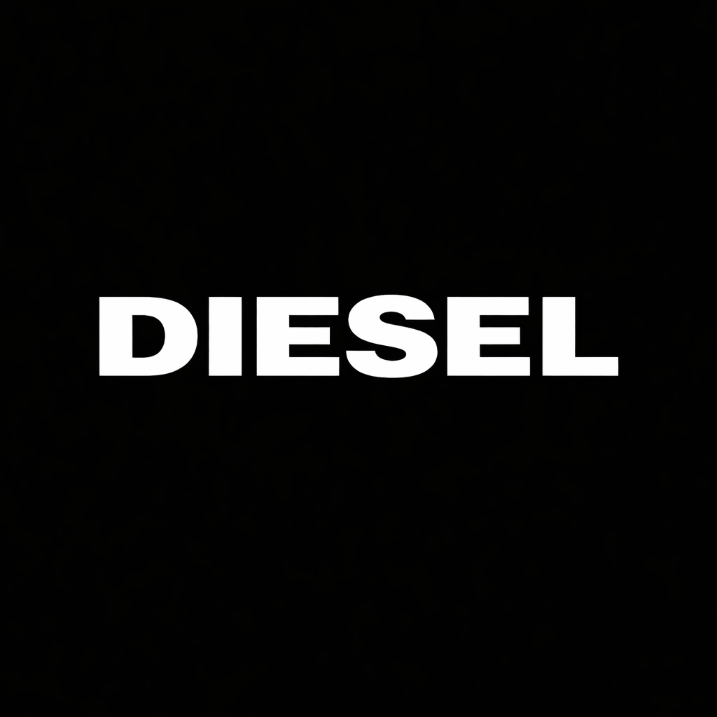 Diesel wordmark in white on black square background, monochrome fashion brand plate