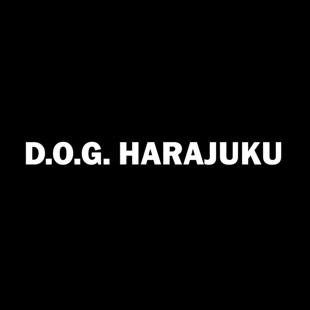 DOG Harajuku wordmark in white on black square background, monochrome Tokyo street culture brand banner