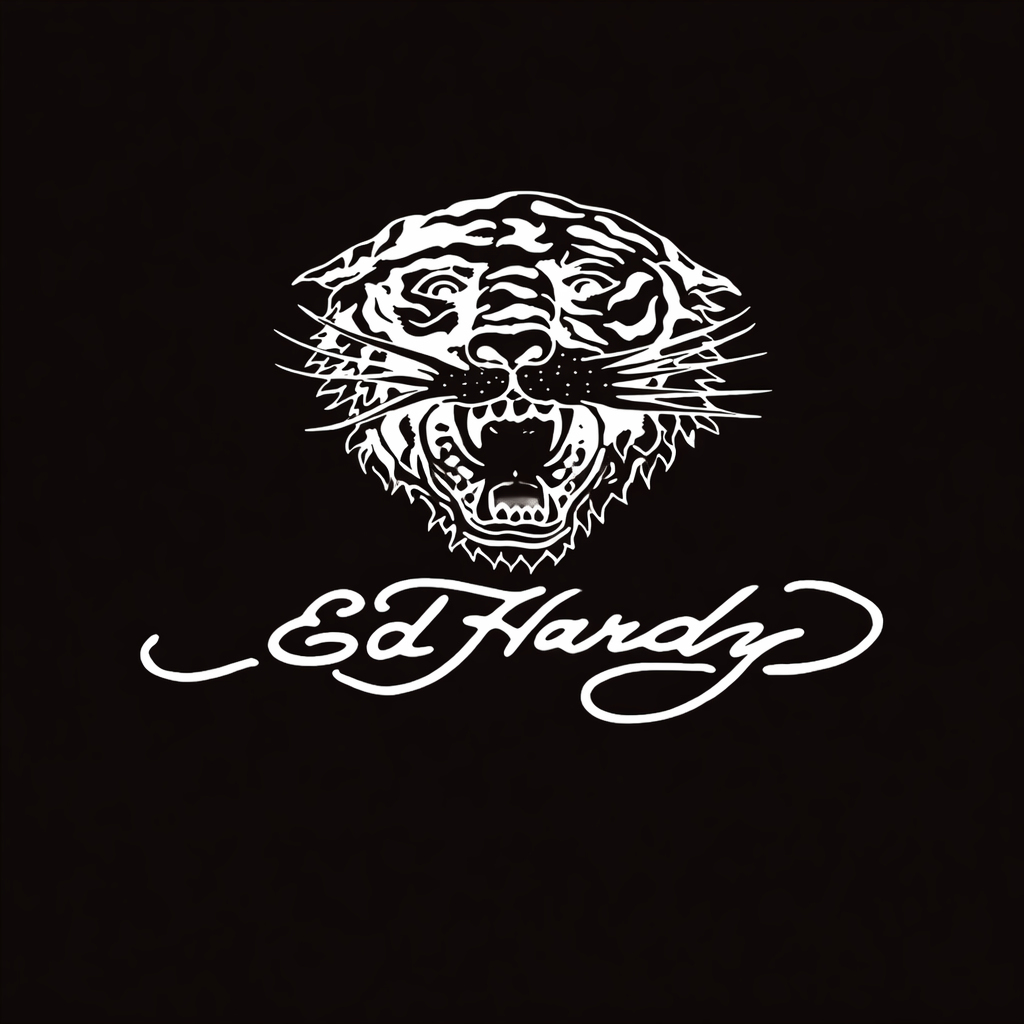 Don Ed Hardy wordmark in white on black square background, monochrome tattoo inspired fashion brand plate