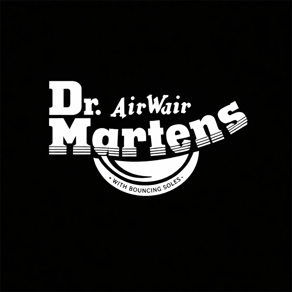 Dr. Martens wordmark in white on black square background, monochrome footwear brand banner