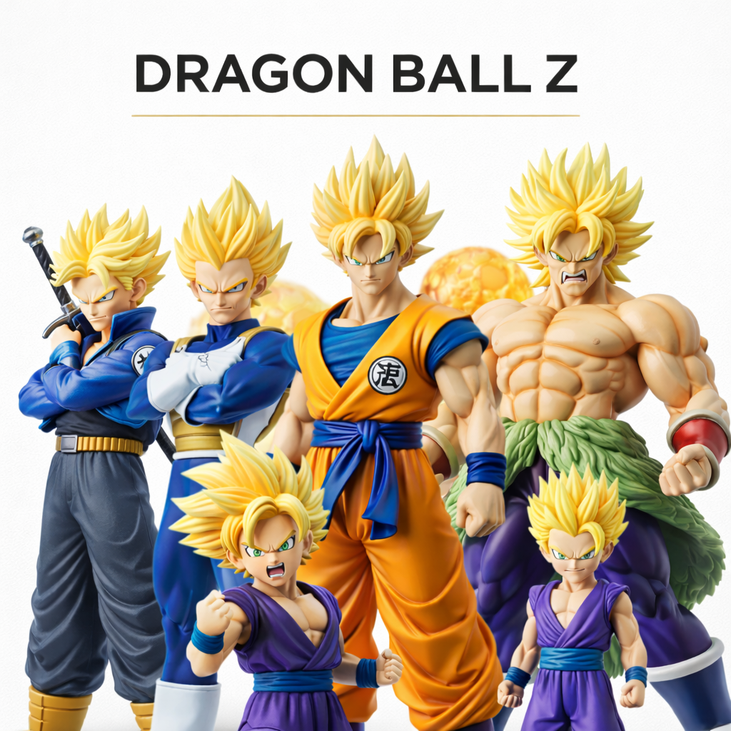 Dragon Ball Z collectible figures displayed in luxury white studio composition for collection banner