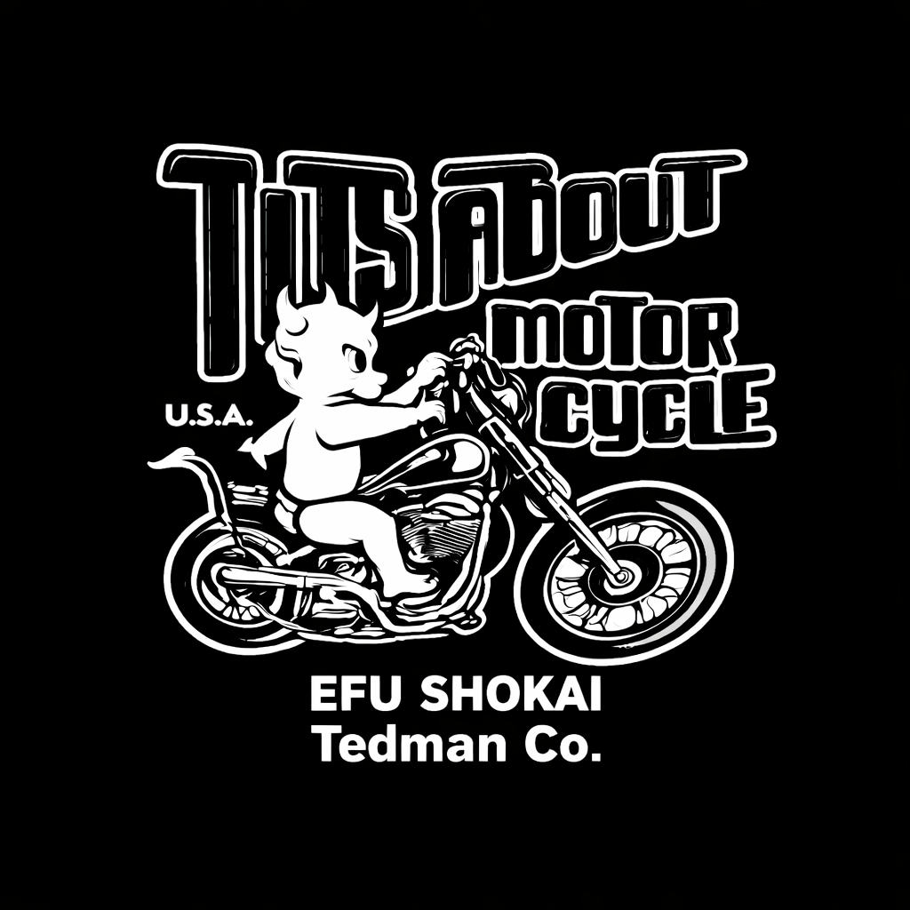 Black and white Nuts About Motorcycle devil riding chopper with EFU SHOKAI and TEDMAN CO branding below on black background