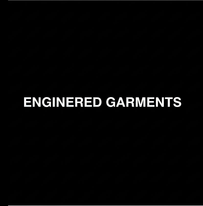Engineered Garments wordmark in white on black square background, monochrome contemporary menswear brand banner