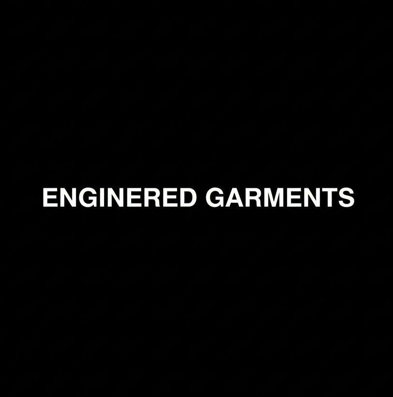 Engineered Garments wordmark in white on black square background, monochrome contemporary menswear brand banner