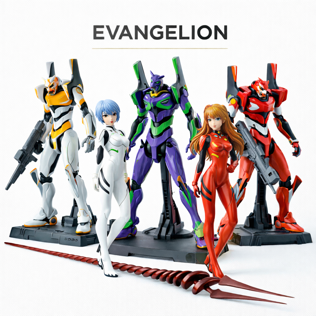 Evangelion collectible mecha figures displayed in refined white studio luxury collection format