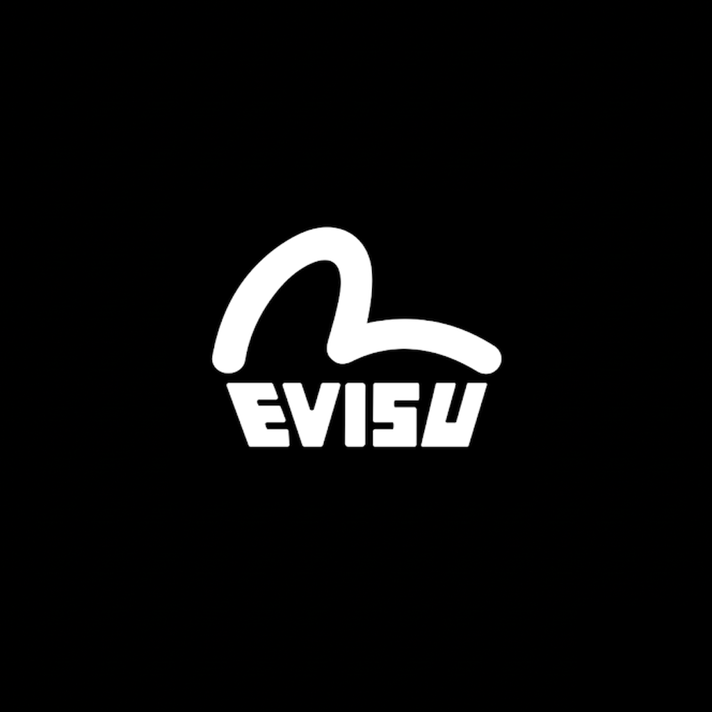 Evisu seagull brushstroke logo and wordmark in white on black square background, monochrome Japanese denim brand banner