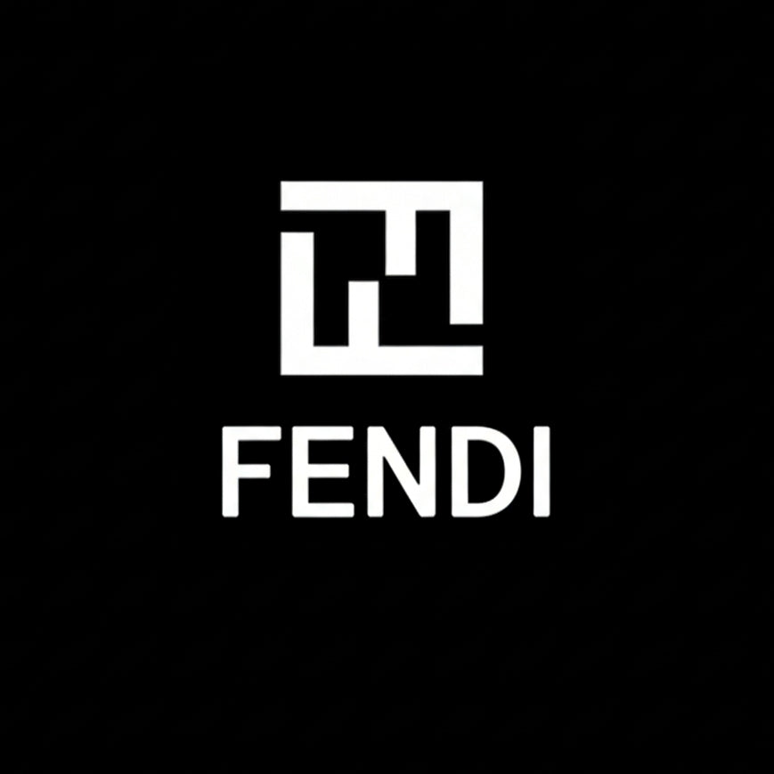 Fendi logo in white on black square background, high contrast monochrome fashion house banner