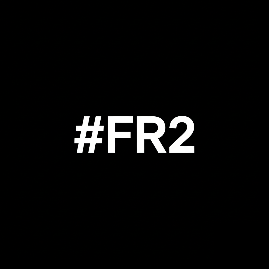 FR2 wordmark in white on black square background, minimalist monochrome contemporary streetwear brand plate