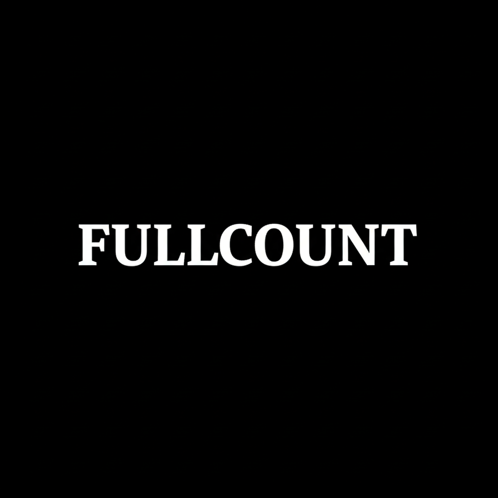 Fullcount wordmark in white on black square background, minimalist monochrome Japanese denim brand plate