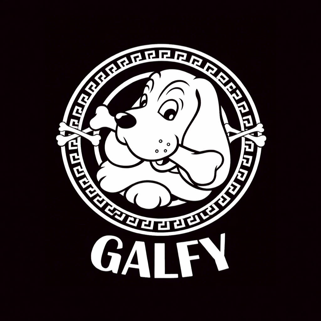 GALFY wordmark in white on black square background, monochrome Japanese street fashion brand plate