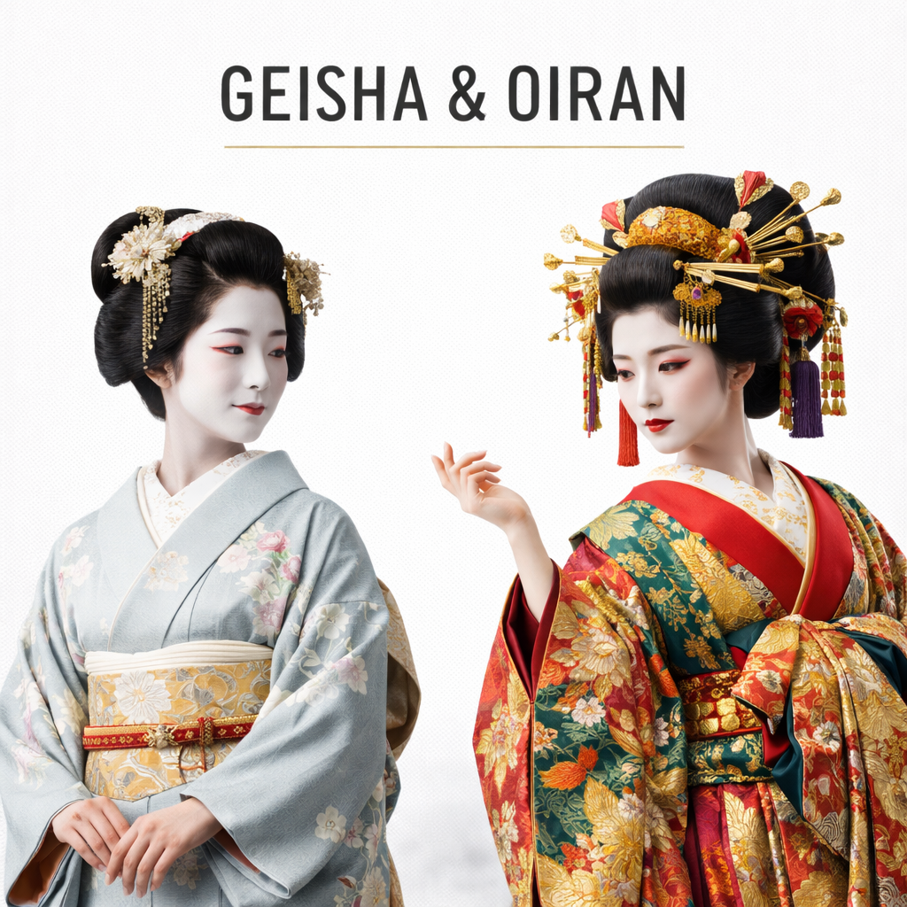 Luxury Geisha and Oiran side by side portrait collage highlighting historical and visual differences in refined white studio composition