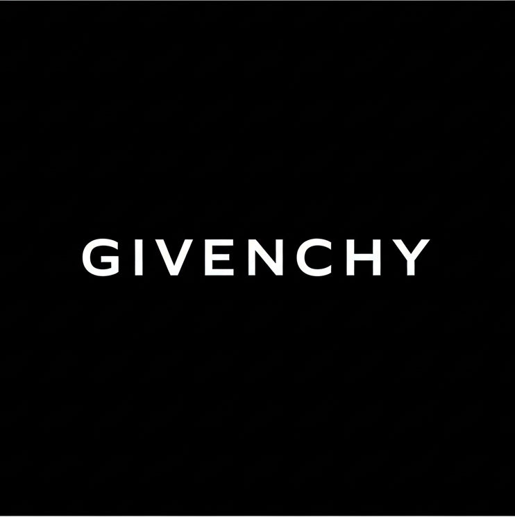 Givenchy wordmark in white on black square background, high contrast monochrome luxury fashion house plate