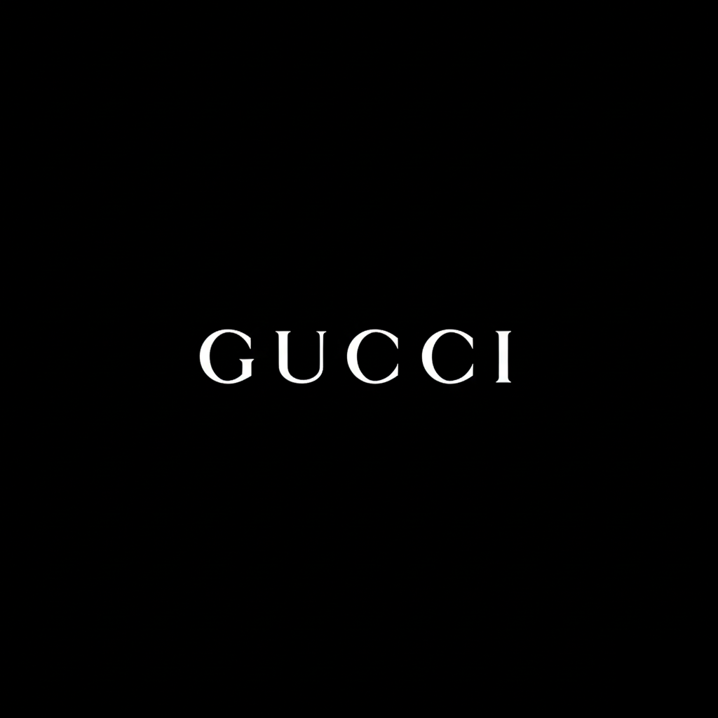 Gucci wordmark in white on black square background, minimalist monochrome luxury brand tile