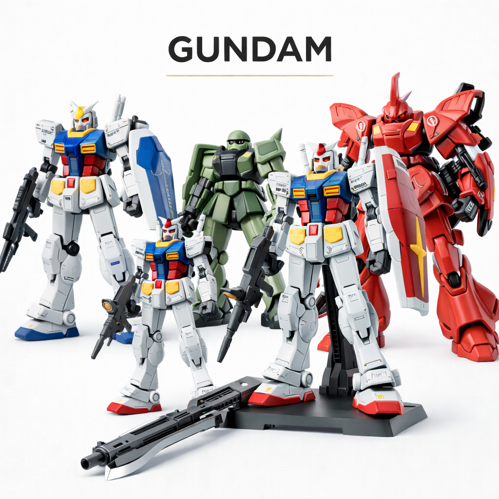 Premium Gundam mobile suit model kits arranged in luxury white studio collection layout