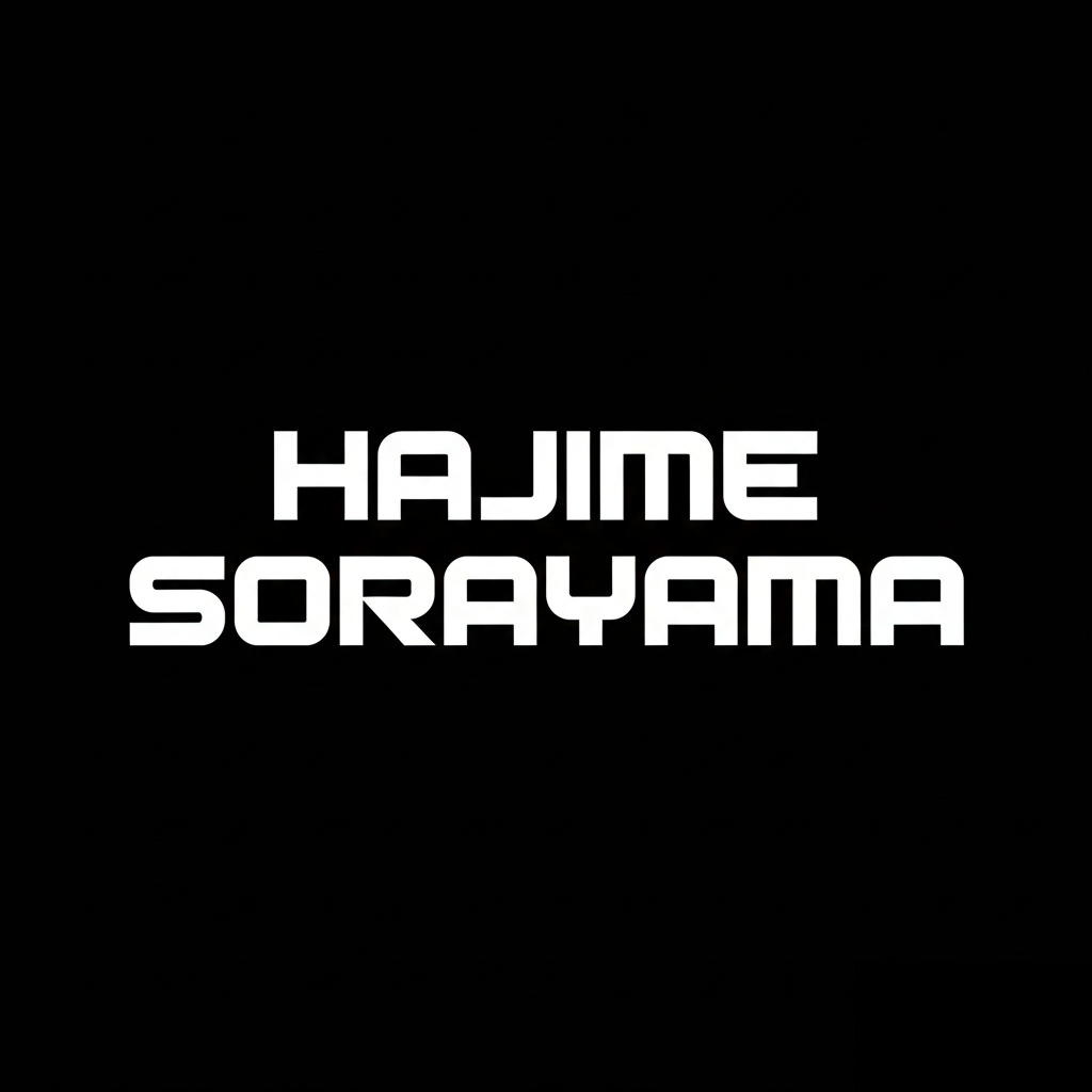 Hajime Sorayama wordmark in white on black square background, monochrome contemporary Japanese artist brand banner