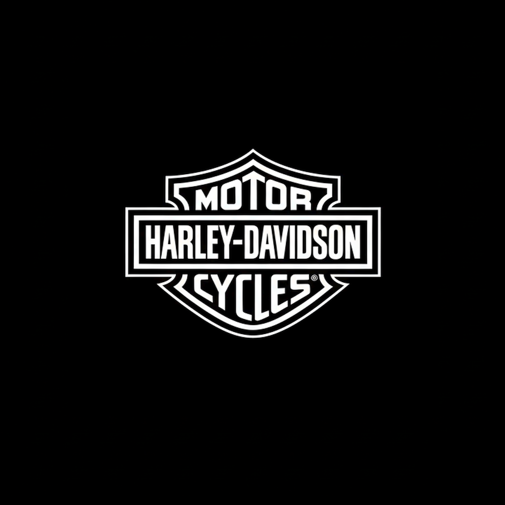 Harley-Davidson bar and shield logo in white on black square background, monochrome motorcycle brand plate