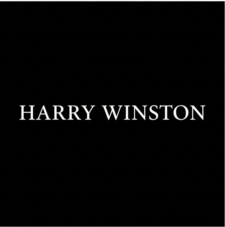 Harry Winston wordmark in white on black square background, monochrome jewelry brand plate