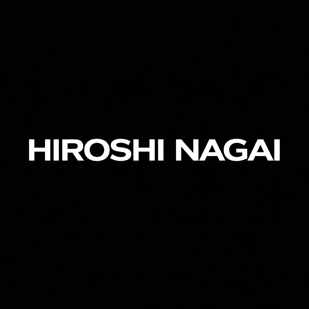 Hiroshi Nagai wordmark in white on black square background, monochrome Japanese illustrator brand plate