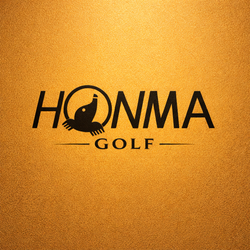 Black embossed HONMA Golf logo with bird crest centered on textured antique gold foil background in square composition.