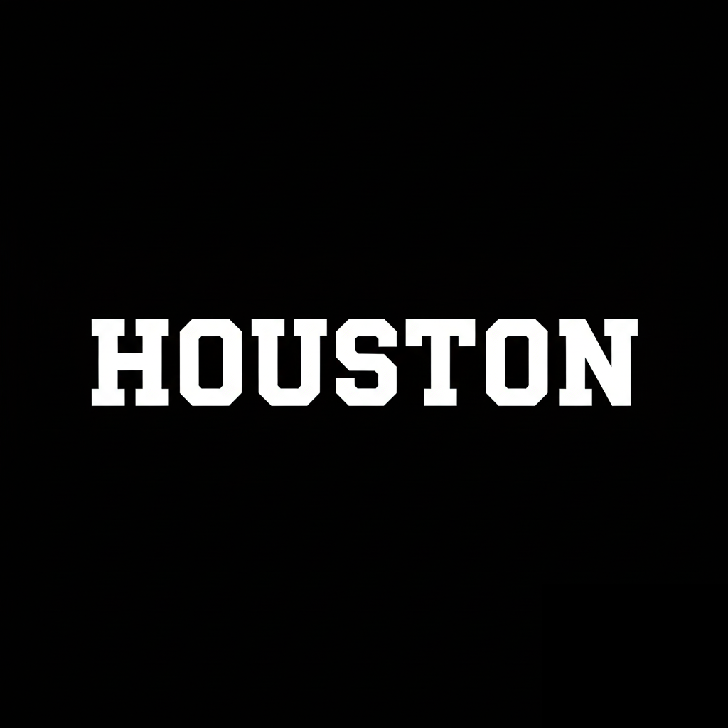 HOUSTON wordmark in white on black square background, monochrome Japanese military inspired apparel brand plate