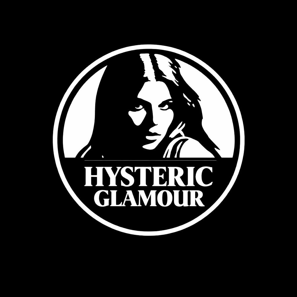 Round black and white Hysteric Glamour logo featuring stylized female face inside circular border