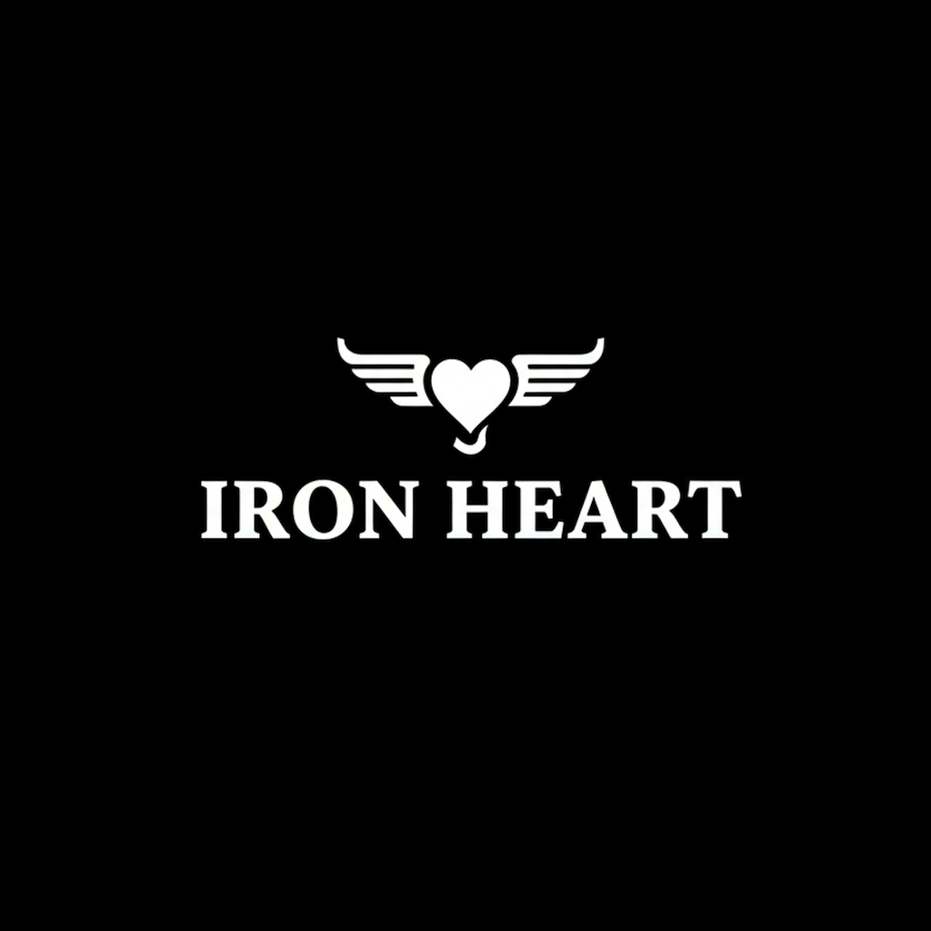 Iron Heart logo and wordmark in white on black square background, monochrome heritage denim brand banner