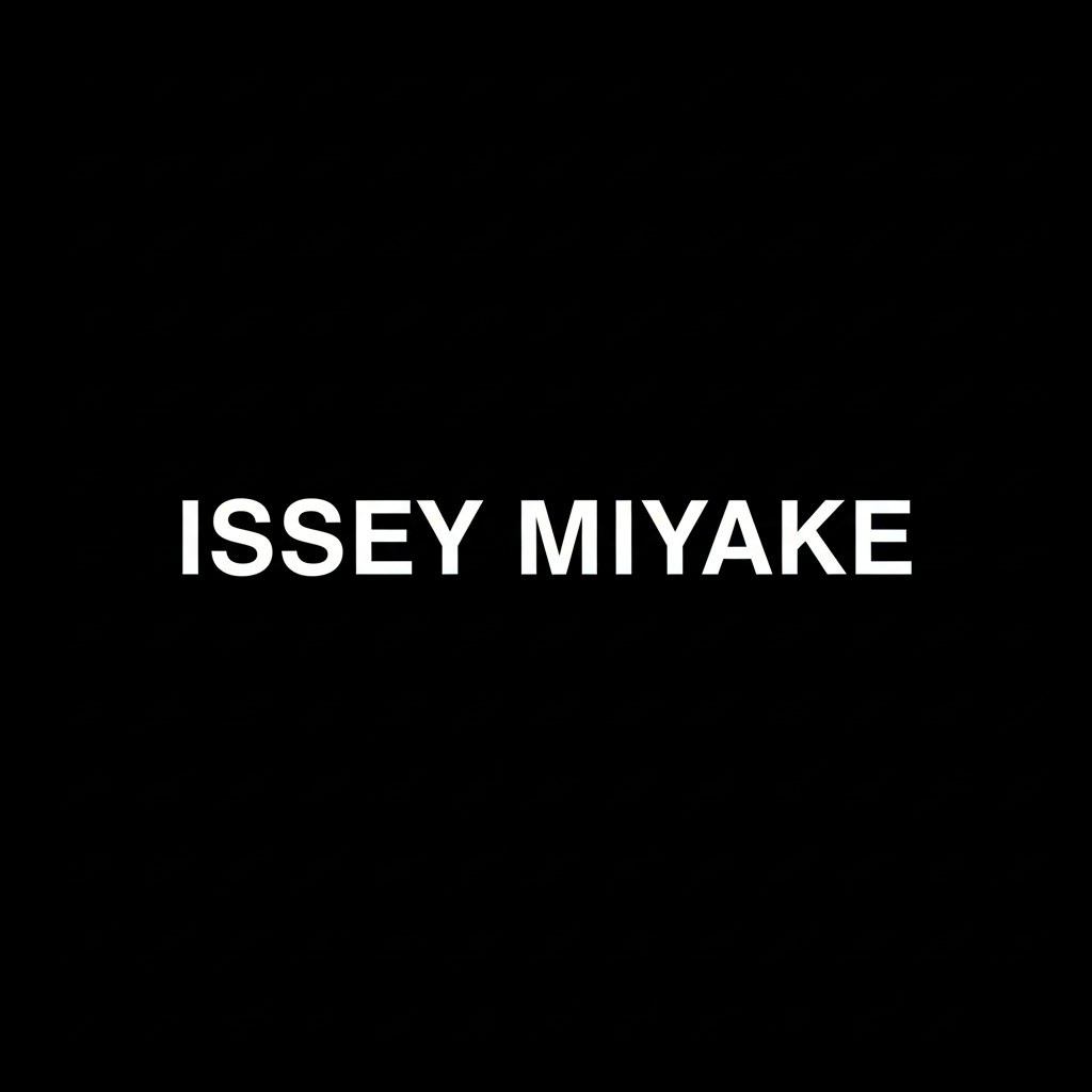 Issey Miyake wordmark in white on black square background, minimalist monochrome Japanese designer brand plate