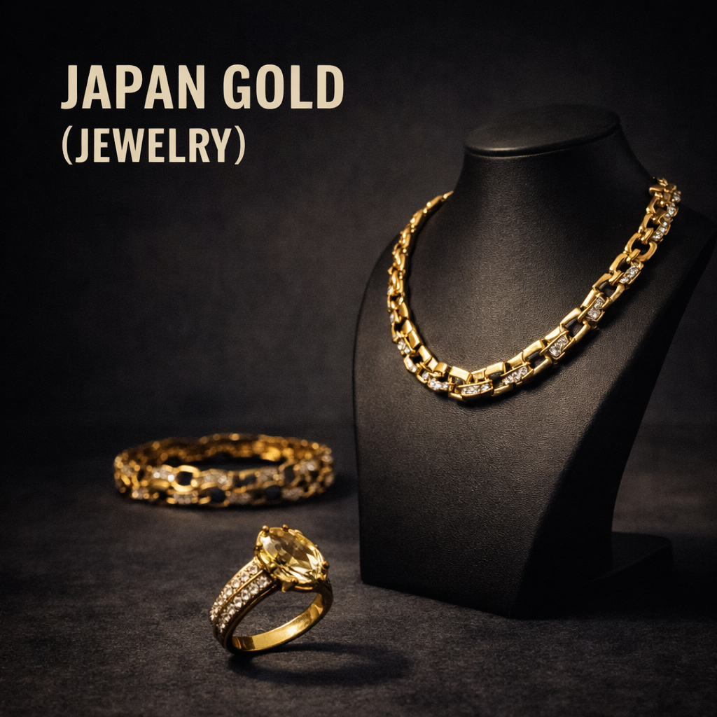 Fine Japanese gold jewelry including necklaces, rings and bracelets curated in luxury archive presentation format.