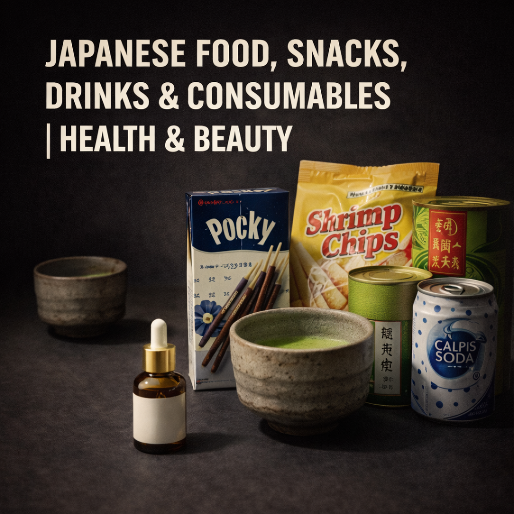Curated Japanese snacks, beverages and health beauty consumables presented in refined archive-style product showcase.