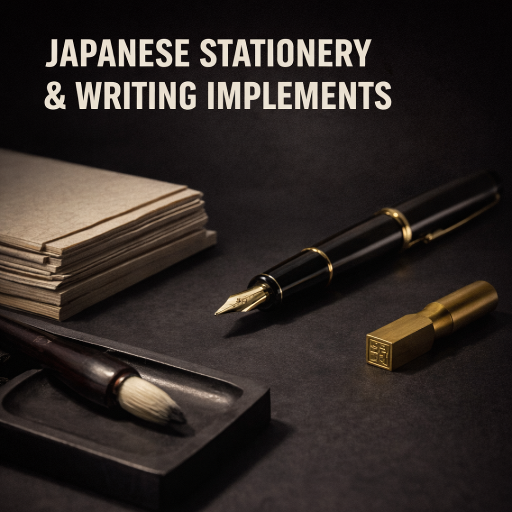 Japanese fountain pen, brush and washi paper stationery displayed in premium archive studio