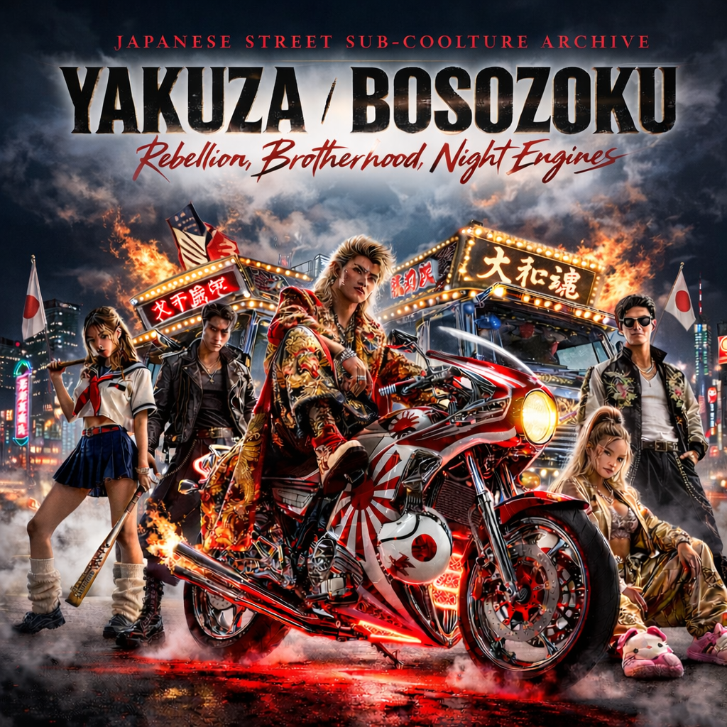 Cinematic illustration of a bosozoku motorcycle gang in Tokyo at night featuring a custom rising sun bike, yakuza-inspired fashion, neon street lights, and dramatic fire-lit city backdrop