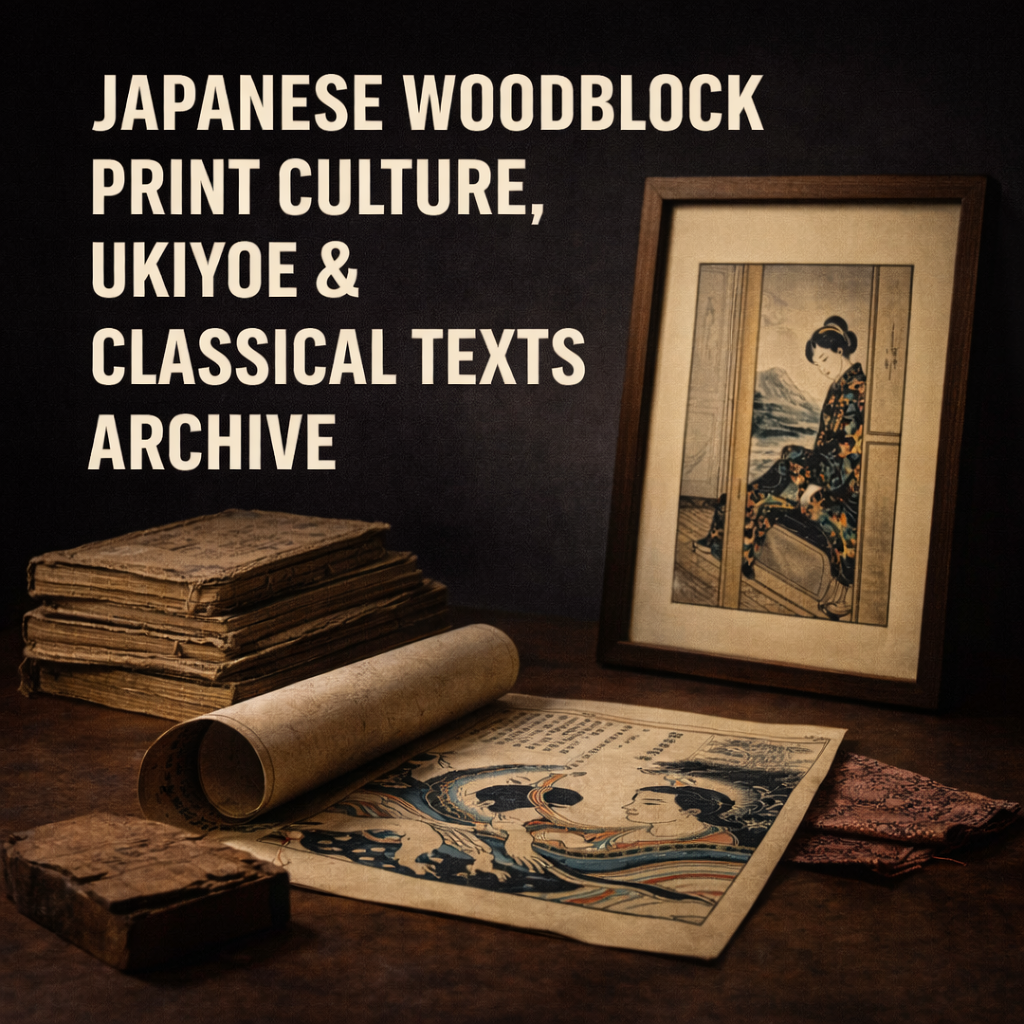 Japanese ukiyoe woodblock prints and classical bound texts displayed in gallery archive studio