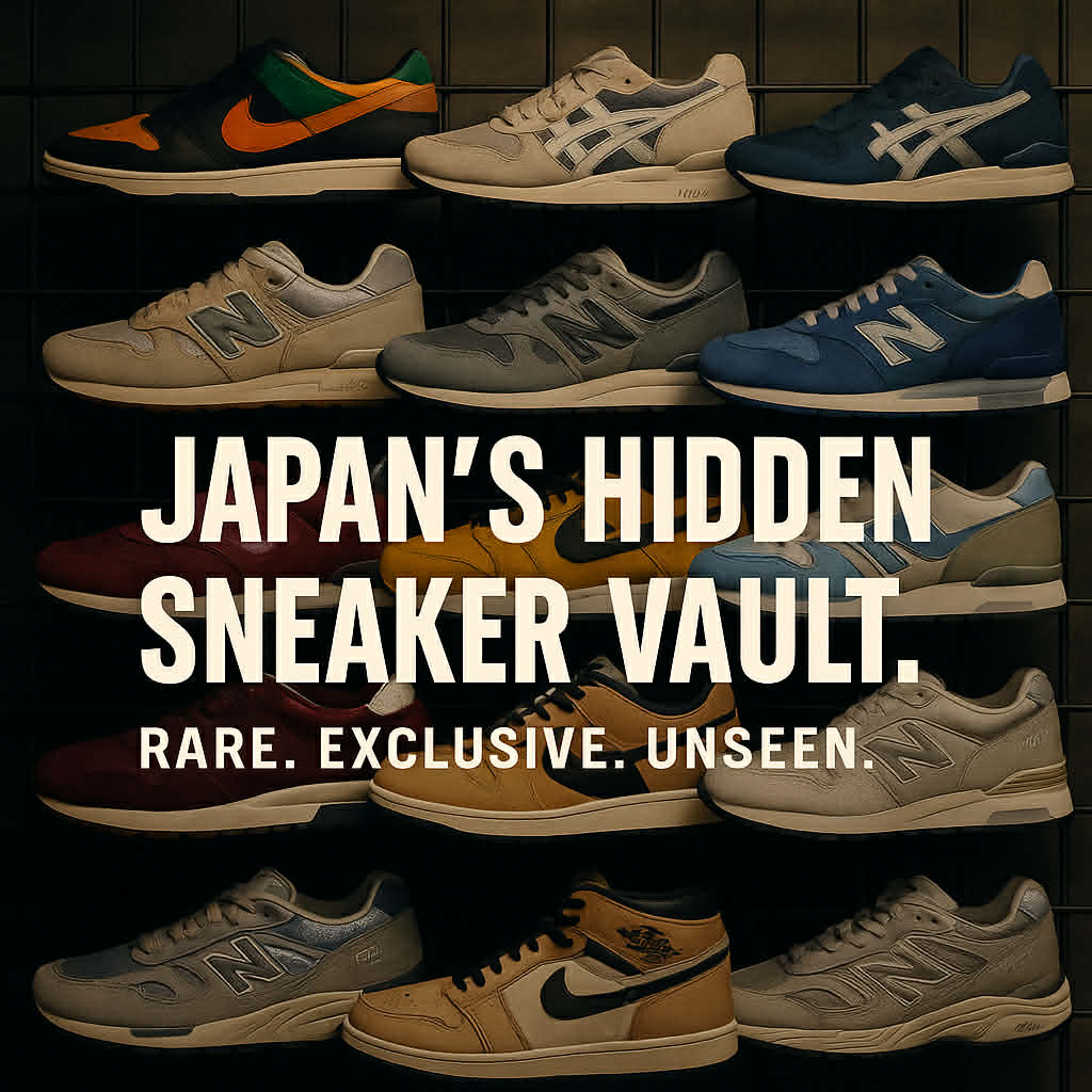 Selection of Japan-exclusive sneakers arranged in a premium editorial layout representing Japonista’s Hidden Sneaker Vault collection.