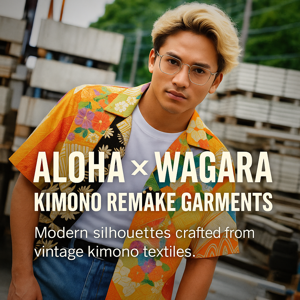 Kimono remake garments and wagara-textile Aloha shirts displayed with soft lighting, showcasing Japonista’s Japanese textile remix collection.