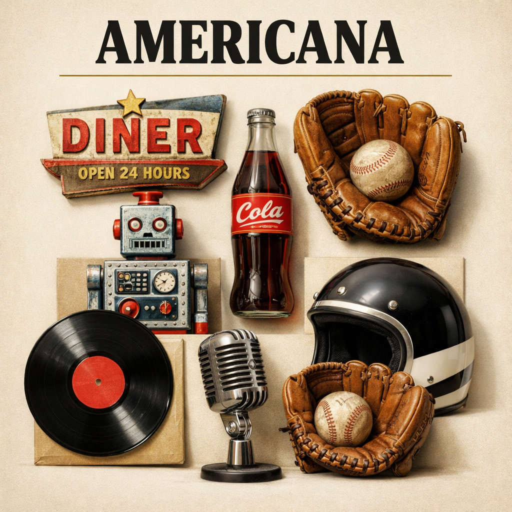 Luxury collage of American pop culture collectibles arranged in refined off-white gallery composition