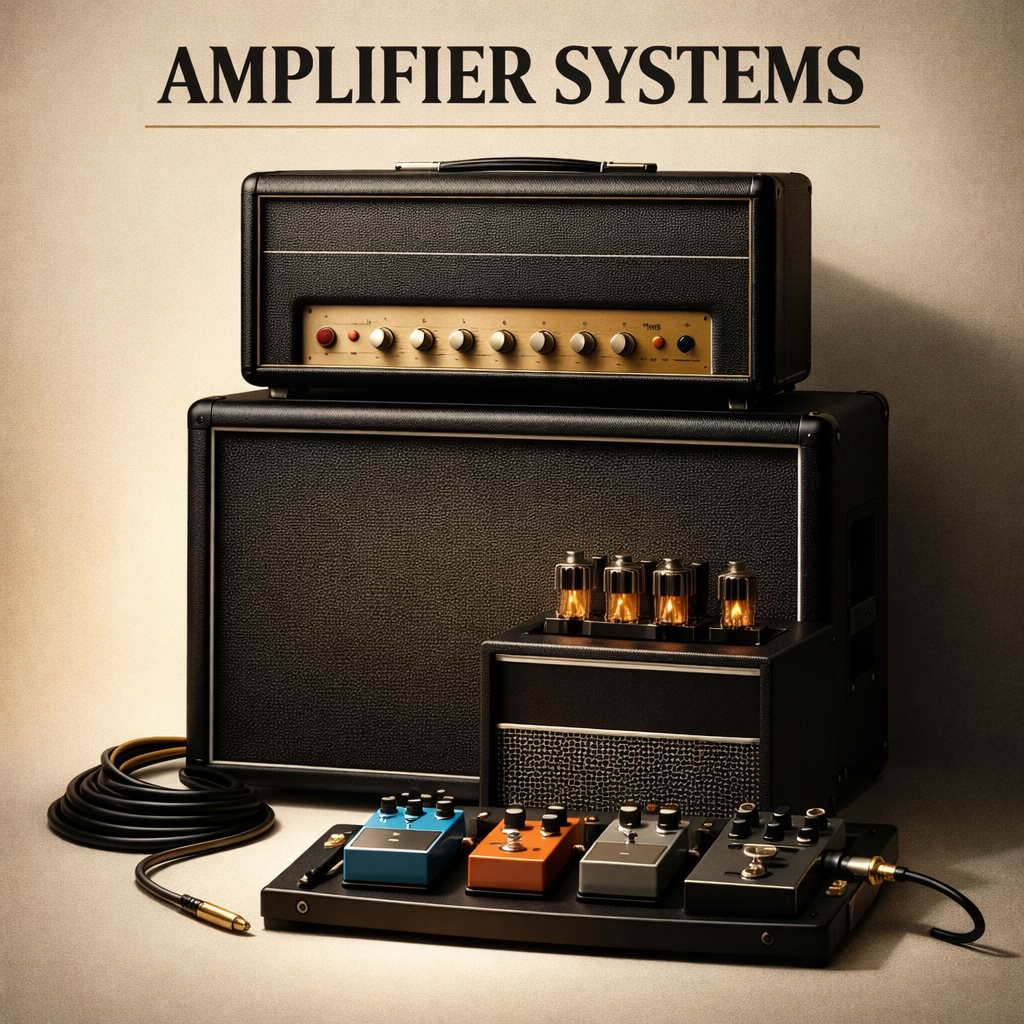 Luxury amplifier systems including vintage tube and modern stack units arranged in refined gallery composition