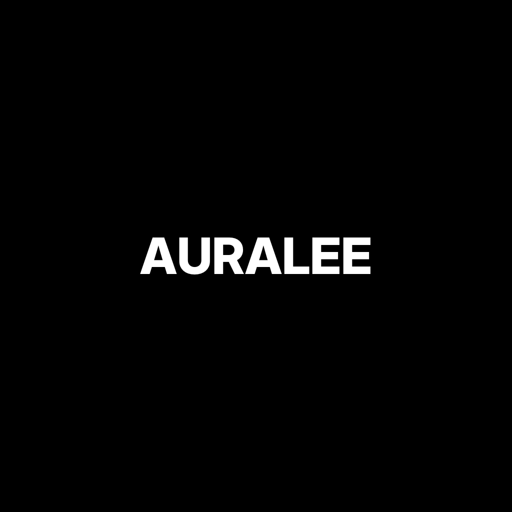 Auralee wordmark in white capitals on a black square