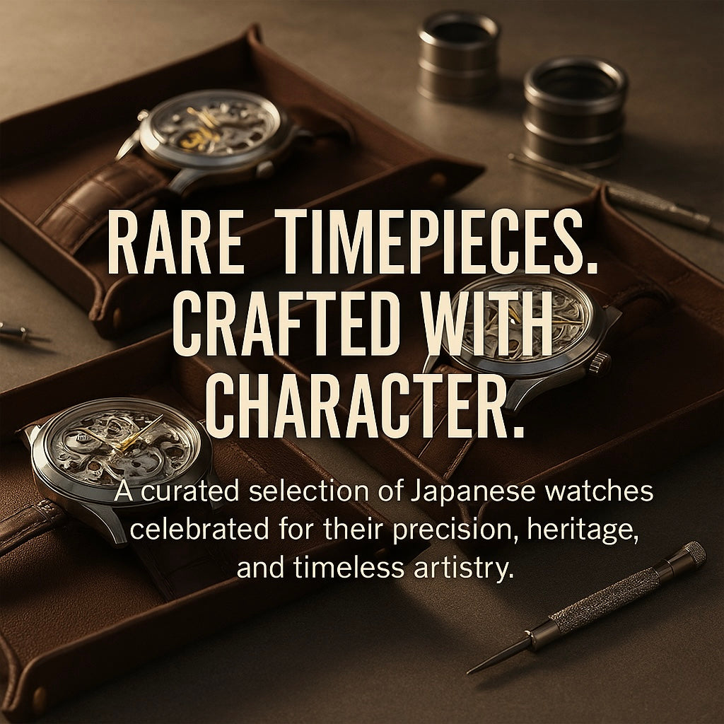 Collection of vintage and modern collectible watches displayed on leather trays in soft warm lighting, showcasing Japonista’s curated timepiece selection.