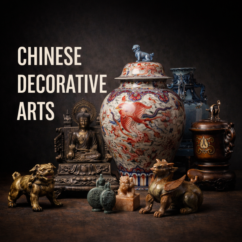 A dramatic studio photograph of a Chinese porcelain vase and jade carving on a dark surface, with "CHINESE DECORATIVE ARTS." text overlaid in a bold, condensed font on the left.