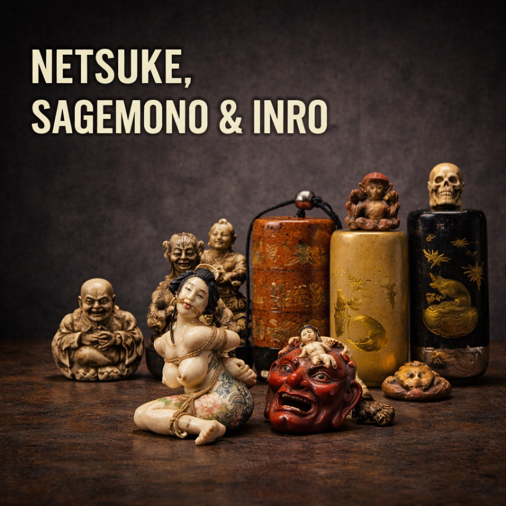 A dramatic studio photograph of detailed Japanese netsuke figures and a sagemono container on a wooden surface, with "NETSUKE, SAGEMONO & INRO" text overlaid in a bold, condensed font on the left.