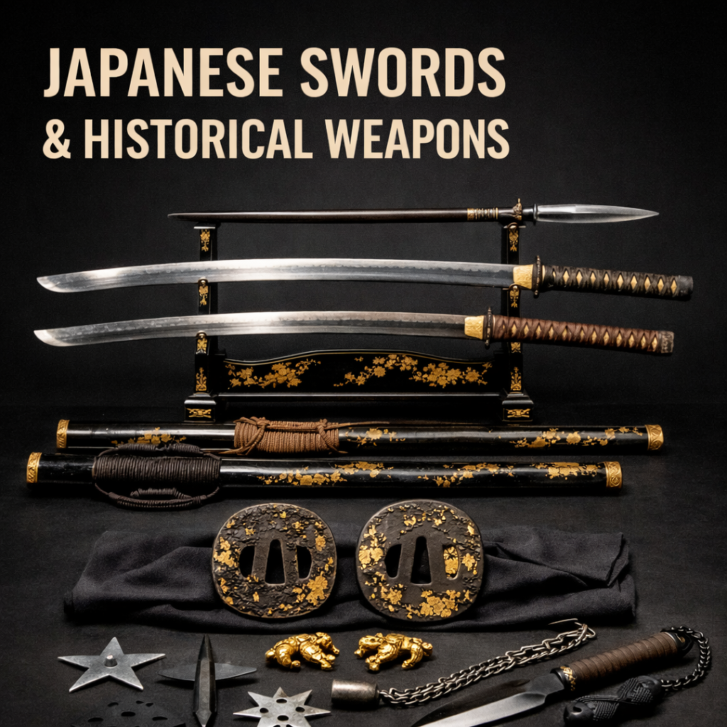 Museum vault display of Japanese swords including katana, odachi, yari, gold makie rack, tsuba, menuki and historical weapons