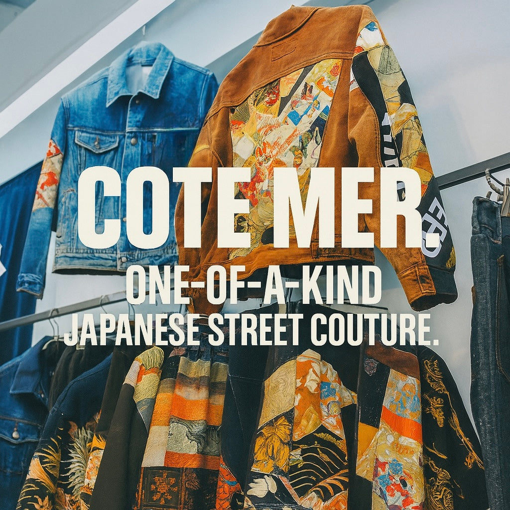 Reconstructed COTE MER garments made from vintage denim and kimono textiles displayed in a minimal studio, representing Japonista’s bespoke Japanese upscale fashion collection.