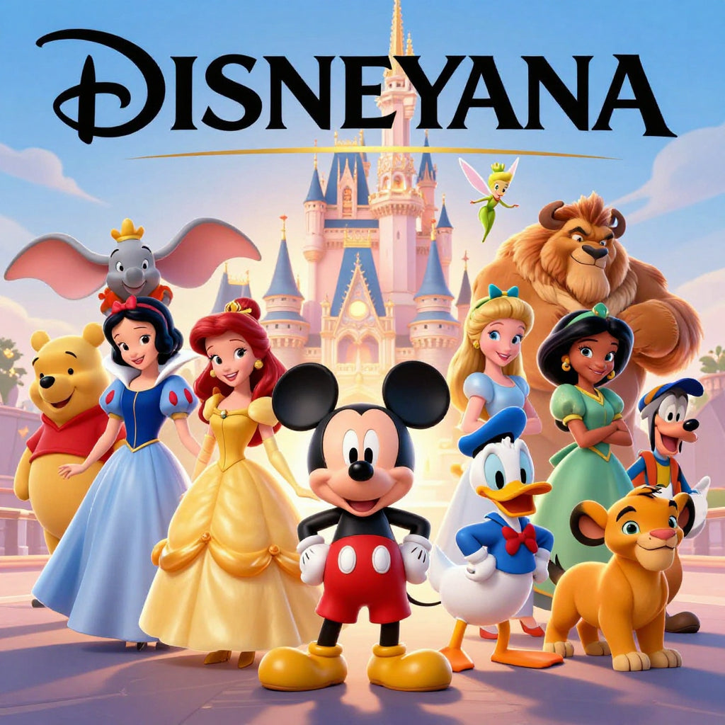 Disney characters including Mickey Mouse, Donald Duck, Snow White, Belle, Ariel, Jasmine, Simba, and others standing in front of Cinderella’s Castle under the title Disneyana.