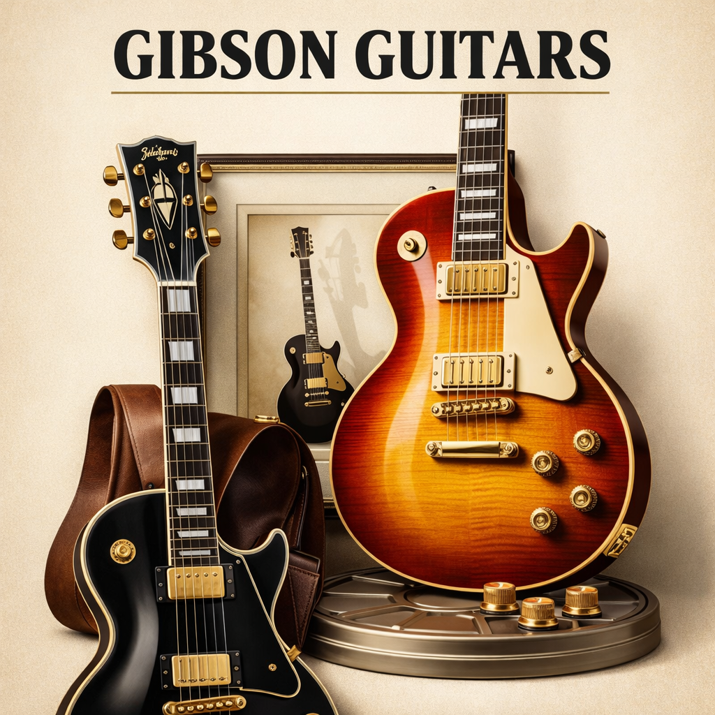 Luxury Gibson Les Paul guitars displayed in refined off-white studio composition