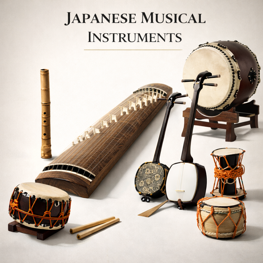 Luxury collage of traditional Japanese musical instruments arranged in refined gallery composition