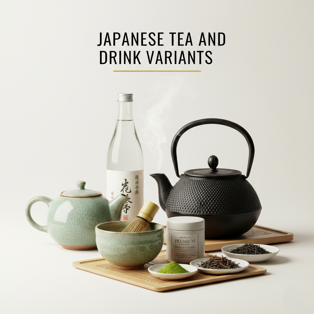Luxury collage of Japanese tea ware and drink variants arranged in refined white studio composition